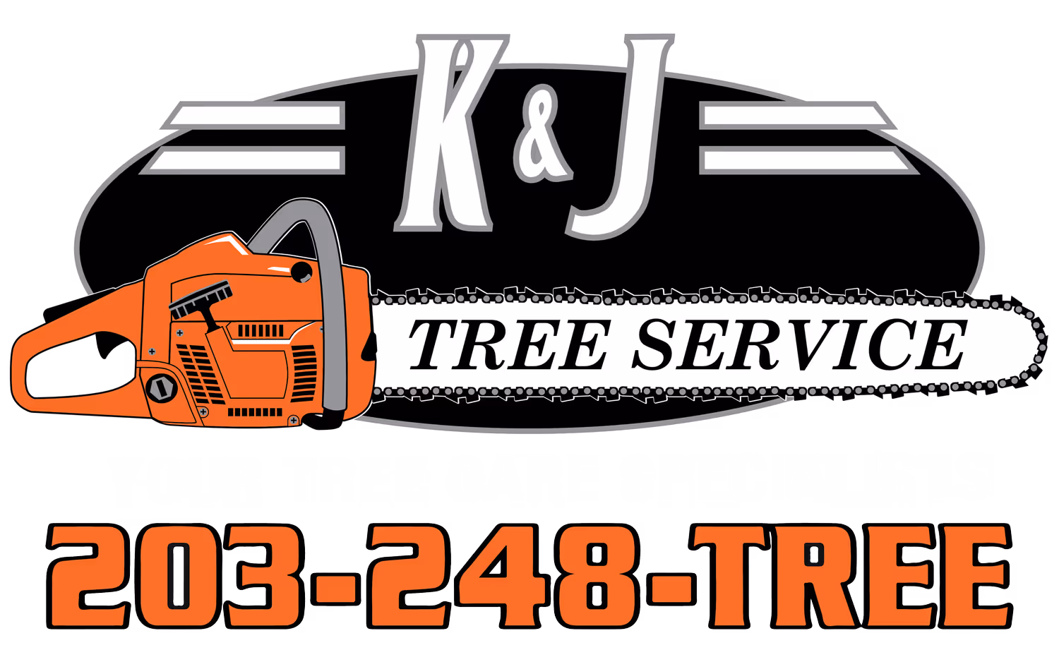K & J Tree Service logo with an orange chainsaw and phone number 203-248-TREE.