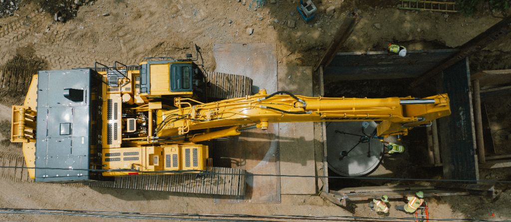 Aerial view of tunnel boring machine on active construction site
